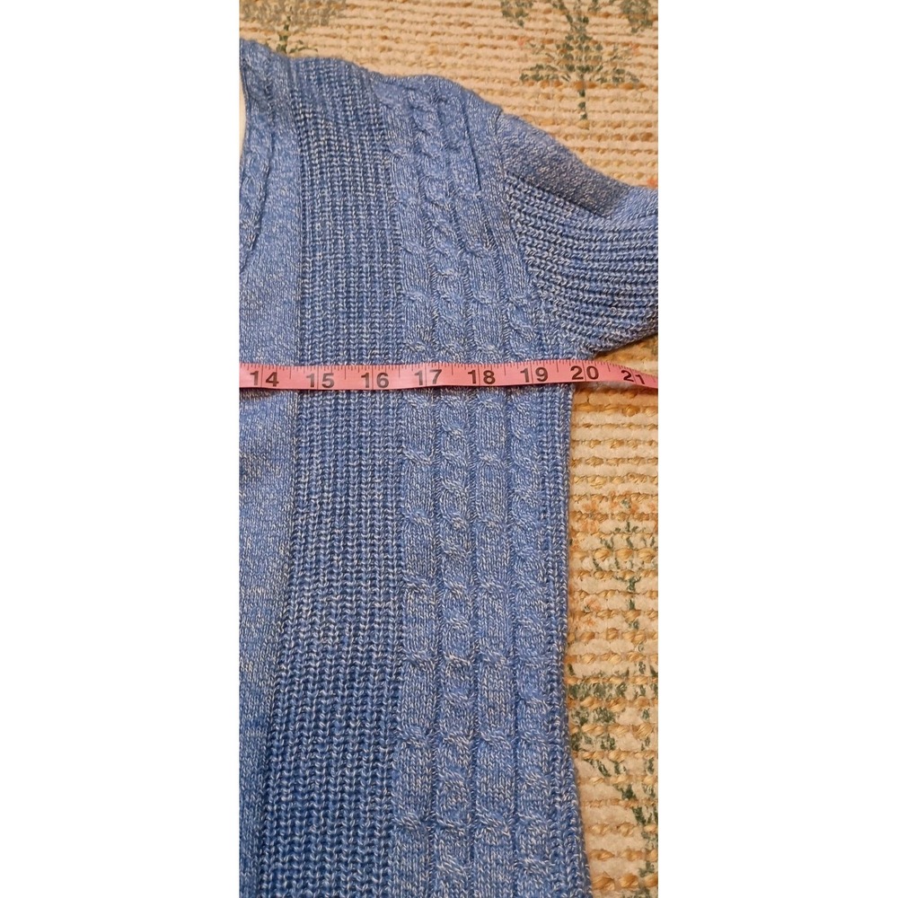 Talbots Petite MP Blue Cable Knit Cardigan Sweater Longline Contrast Trim Preppy - Picture 8 of 10